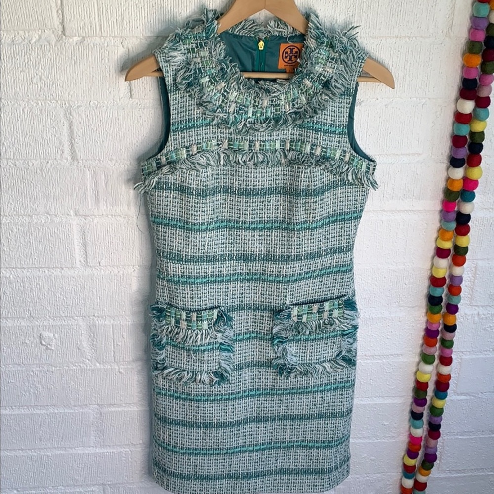Tory Burch Teal and White Tweed Mini Dress